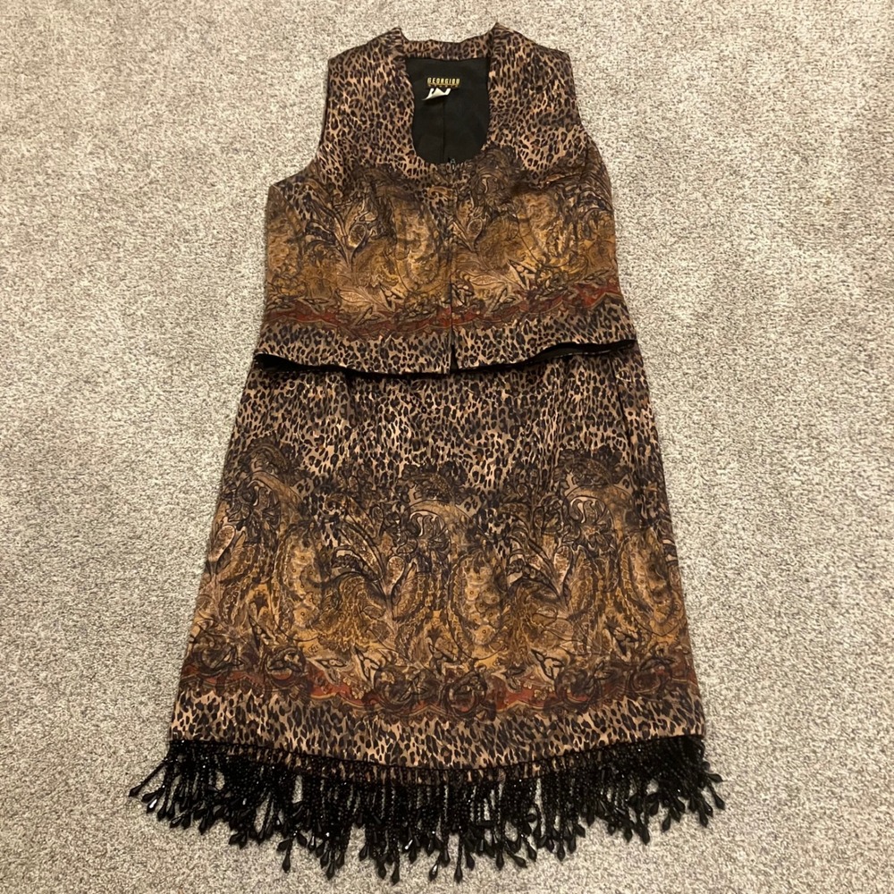 VTG Leopard Paisley Beaded Fringe Vest and Skirt Set Top 6 Skirt 8 Flapper Boho